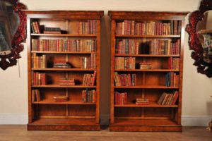 Paar Walnuss viktorianischen Bücherregale offenen Buch Fall