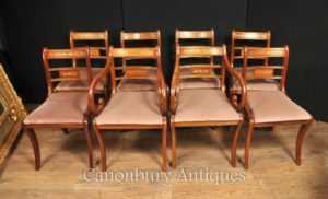 Set 8 Walnut Antique Regency Esszimmerstühle Messing Inlay