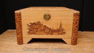 Antike Hand geschnitzte Kampfer Holz Brust Trunk Hong Kong Chinesisch 1920