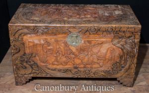 Antike chinesische Hand geschnitzte Camphor Chest Trunk