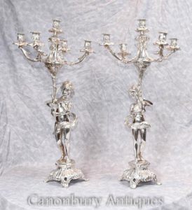 Paar Regentschaft Silber Platte Cherub Candelabras Kerzenständer Putti Cherubim