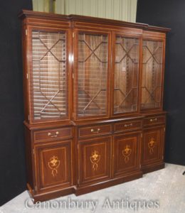 Regency Breakfront Bücherregal Mahagoni Sheraton Inlay