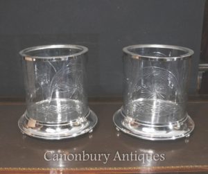 Paar Viktorianische Silber Platte Schneiden Glas Urnen Vasen Pflanzer