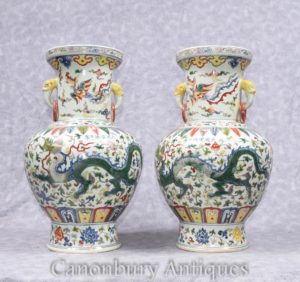 Pair China Qianlong Vasos de Porcelana Dragon Urnas Cerámica China