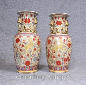 Pair Chinese Celadon Porcelana Vases Urnas Pintado a mano Deer