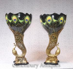 Par Art Nouveau Porcelana Peacock Vases Urnas de pájaro