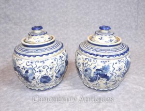 Par Kangxi cerámica Lidded urnas jarrones macetas china azul y blanco porcelana