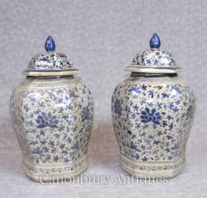 Par Nankin China Porcelana Jengibre Temple Urnas Jars Jarrones