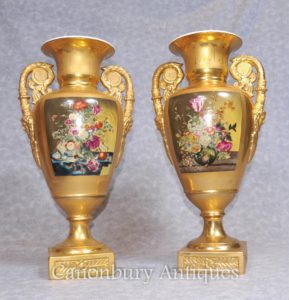 Par Oro Dresden Porcelana Amphora Urnas Vases Floral Sprays