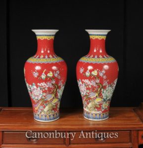 Par chino Jiaqing jarrones de aves de porcelana Imperial Rojo