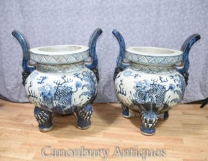 Par chino azul y blanco Nanking porcelana plantadores Incense Temple quemadores ollas