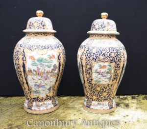 Par de grandes china Qing Porcelana Templo Jengibre Jars Lidded Vasos Urnas