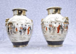 Par japonés Satsuma vasos de porcelana urnas pintados a mano