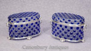 Viktorianische Silber Platte Cut Glas Trinket Schmuck Fall Box