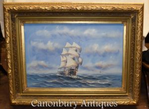 Englisch Ölgemälde Schiff Sea Scape Maritime Kunst