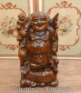 Glückliche Buddha-Statue - Handgeschnitzte buddhistische Kunst