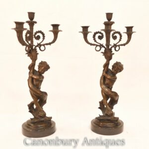 Paar Bronze Cherub Candelabras - Französische Kerzengussschlange